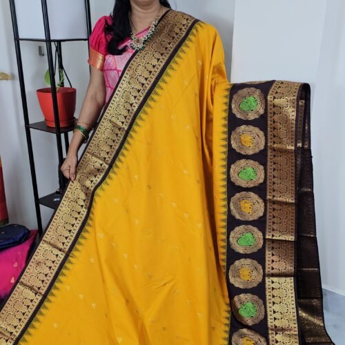 Premium Gadwal Silk Saree – Yellow with Brown Turning Border & Meena Weaving (TBG3)