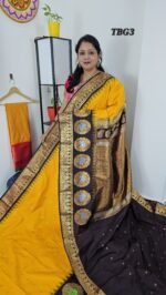 Premium Gadwal Silk Saree – Yellow with Brown Turning Border & Meena Weaving (TBG3)