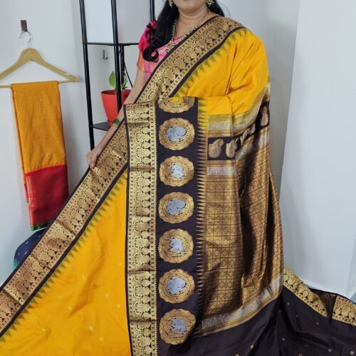 Premium Gadwal Silk Saree – Yellow with Brown Turning Border & Meena Weaving (TBG3)