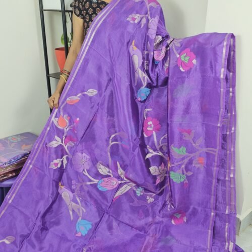 Purple Paper Silk Jamdani Saree PSJ12 – Lightweight Pattu Saree with Butties Blouse