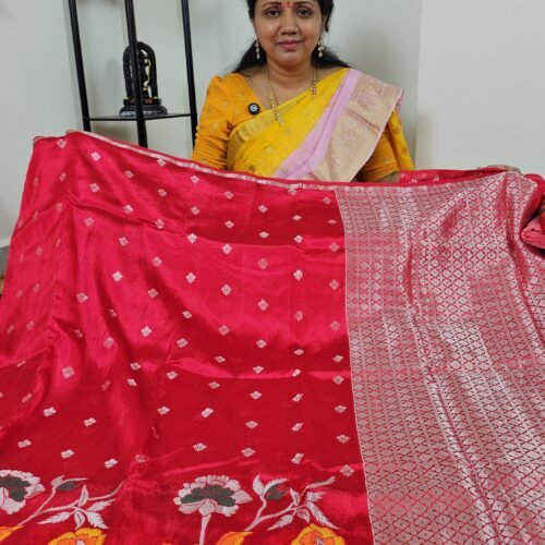 Lightweight Paper Silk Pattu Saree PBPS1 in rich red shade with Jamdani weave full view