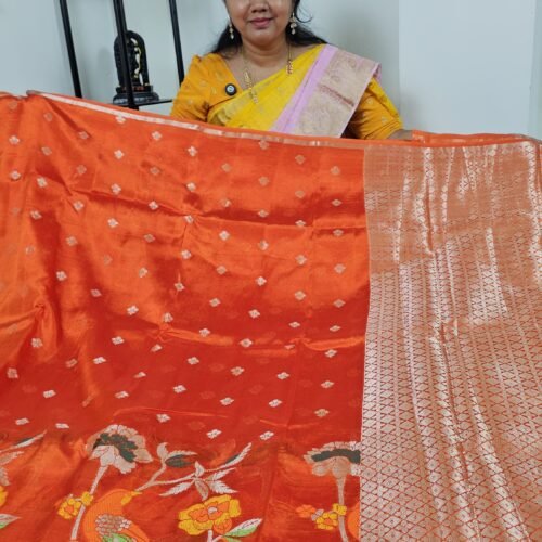 Lightweight Paper Silk Pattu Saree OBPS1 orange Jamdani