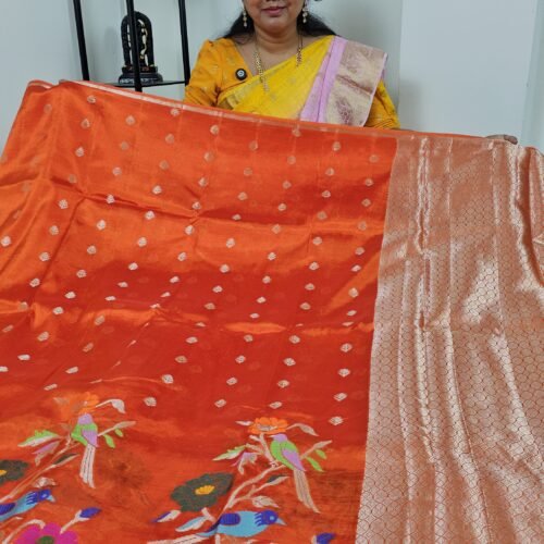Lightweight Paper Silk Pattu Saree OBPS2 orange Jamdani