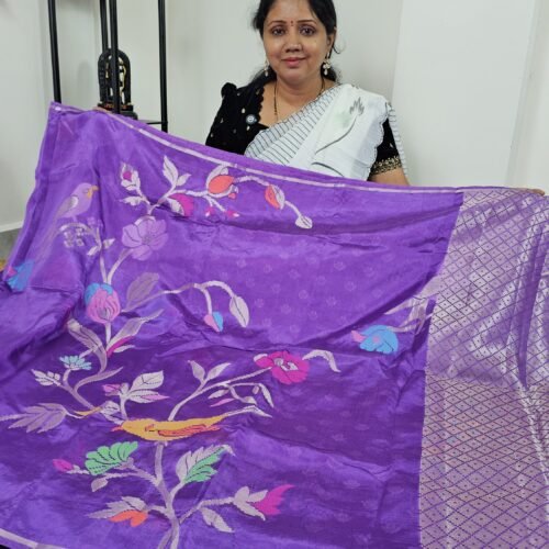 Paper Silk Pattu Saree purple with Jamdani, kaddi border – PSJ1 Hyderabad
