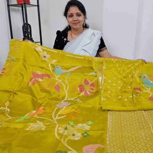 Paper Silk Pattu Saree mustard yellow with Jamdani, kaddi border – PSJ2 Hyderabad