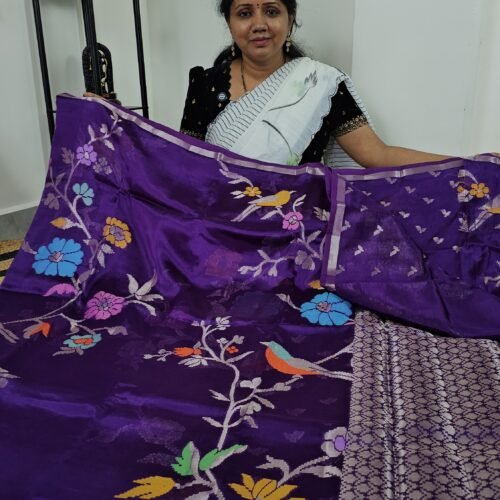 Paper Silk Pattu Saree purple with Jamdani, kaddi border – PS2290 Hyderabad