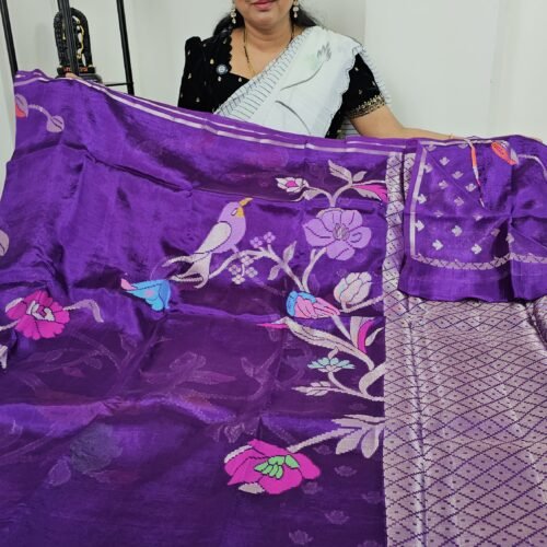 Paper Silk Pattu Saree purple with Jamdani, kaddi border – PS2291 Hyderabad