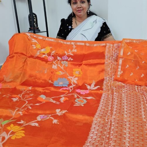 Paper Silk Pattu Saree orange with Jamdani, kaddi border – OPS2296 Hyderabad