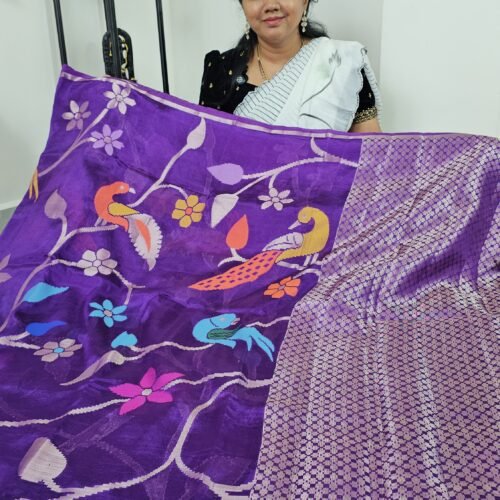 Paper Silk Pattu Saree violet with Jamdani, kaddi border – AVPS2299 Hyderabad