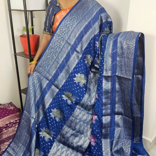 Royal Blue Paper Silk Meena Weaving Saree with Silver Zari Rich Pallu – PW252
