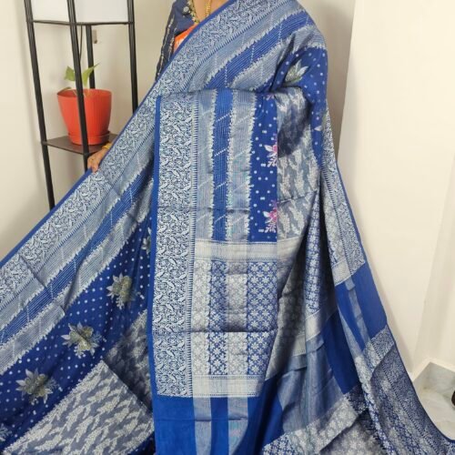 Royal Blue Paper Silk Meena Weaving Saree with Silver Zari Rich Pallu – PW252