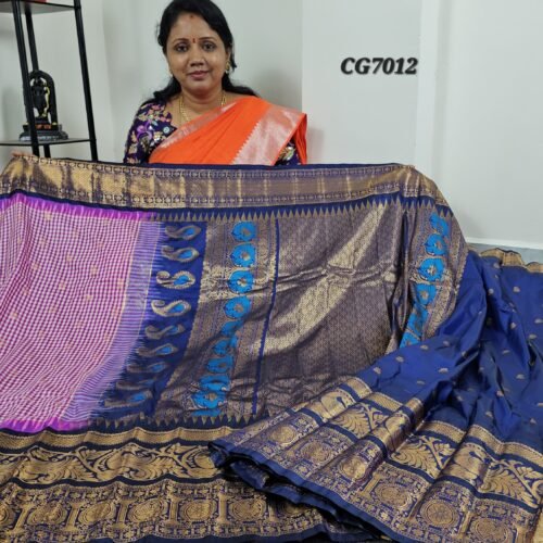 Premium Gadwal Multi Checks Saree in blue & pink checks with zari border – CG7012 Hyderabad