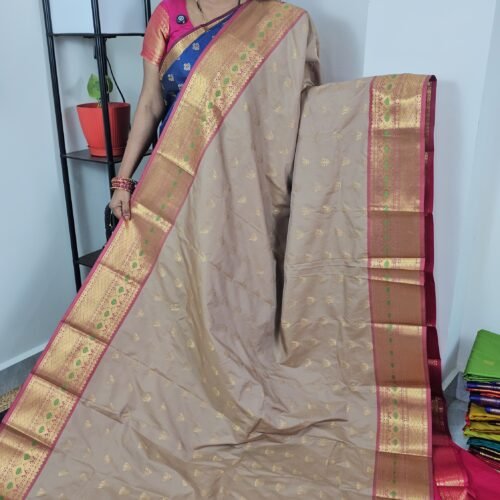 Lightweight Kanchi Saree Beige with Pink Pallu – KV812 Sasu Fashions Hyderabad