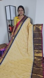 Cream Gold Semi Gadwal Saree with Navy Blue Border – Sasu Fashions Hyderabad