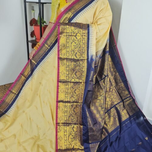 Cream Gold Semi Gadwal Saree with Navy Blue Border – Sasu Fashions Hyderabad
