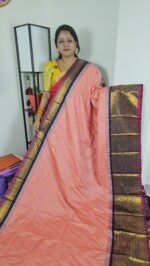 Peach Pink Semi Gadwal Saree with Navy Blue Zari Border – Sasu Fashions Hyderabad