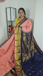 Peach Pink Semi Gadwal Saree with Navy Blue Zari Border – Sasu Fashions Hyderabad