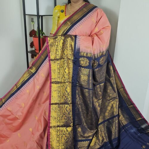 Peach Pink Semi Gadwal Saree with Navy Blue Zari Border – Sasu Fashions Hyderabad