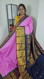 Pink Semi Gadwal Saree with Navy Blue Zari Border – Sasu Fashions Hyderabad