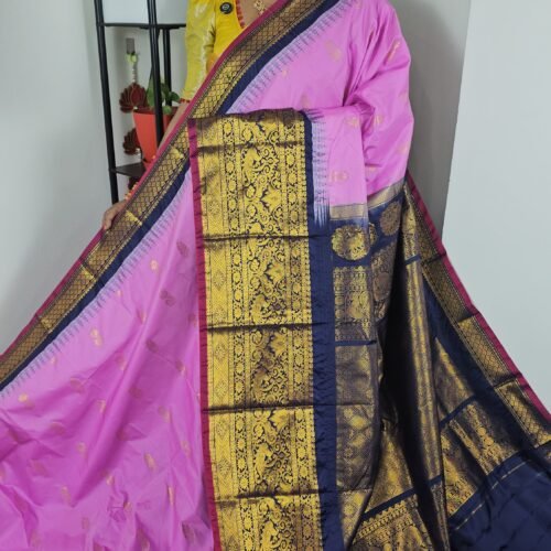 Pink Semi Gadwal Saree with Navy Blue Zari Border – Sasu Fashions Hyderabad