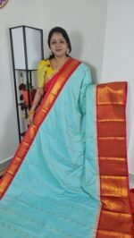 Premium Semi Gadwal Saree Sky Blue with Red Border – Sasu Fashions Hyderabad