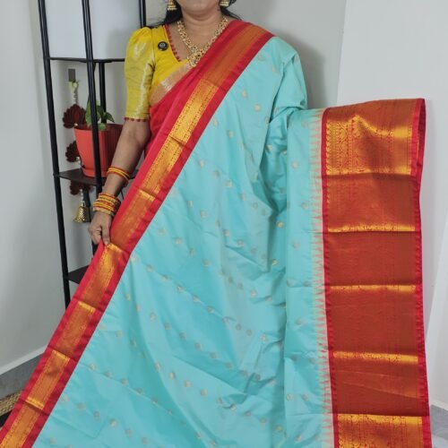 Premium Semi Gadwal Saree Sky Blue with Red Border – Sasu Fashions Hyderabad