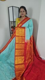 Premium Semi Gadwal Saree Sky Blue with Red Border – Sasu Fashions Hyderabad
