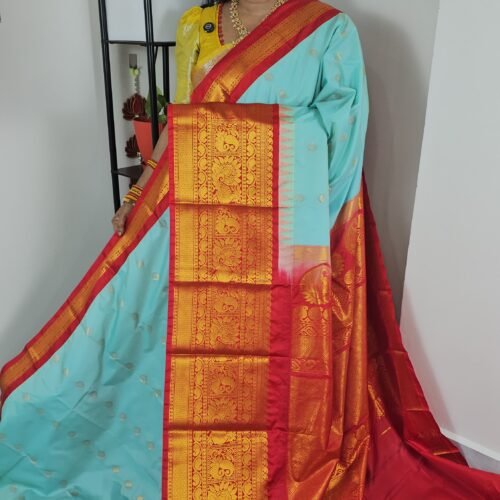 Premium Semi Gadwal Saree Sky Blue with Red Border – Sasu Fashions Hyderabad