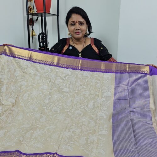 Kanchi Tissue Saree with Chikankari Work and Contrast Purple Border – Code KCH411