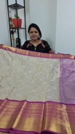 Kanchi Tissue Saree with Chikankari Work in Cream and Purple Border – Sasu Fashions KCH4112
