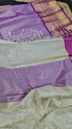 Kanchi Tissue Saree with Chikankari Work in Cream and Purple Border – Sasu Fashions KCH4112