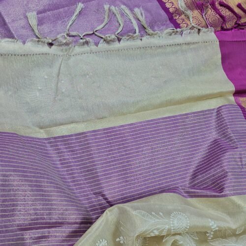 Kanchi Tissue Saree with Chikankari Work in Cream and Purple Border – Sasu Fashions KCH4112