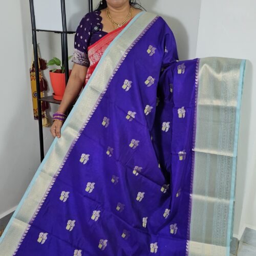 Soft Warm Silk Saree with Meenakari Butties and Sky-Blue Contrast Border — W2302