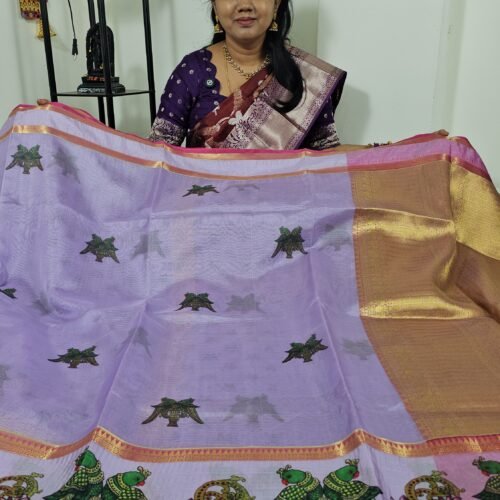 Lavender Zari Kota Saree with Tanjore Bird Prints and GAB Border Hyderabad