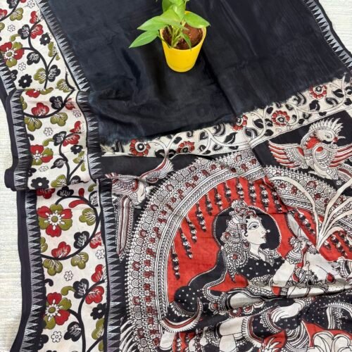 black mangalgiri silk saree kalamkari print hyderabad