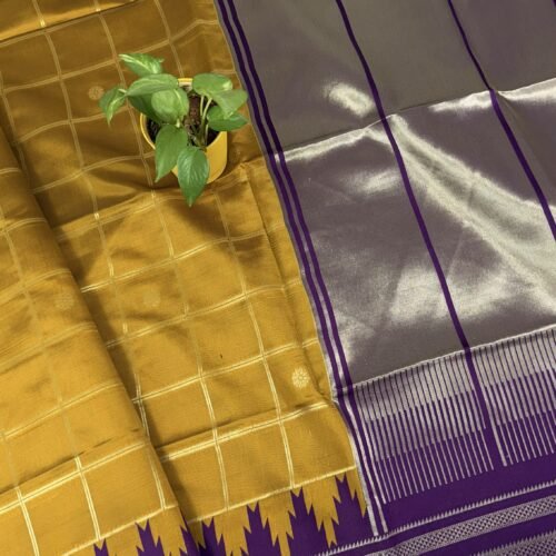 semi gadwal saree mustard purple temple border SG01