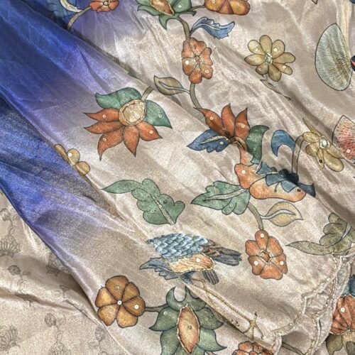 tissue satin saree swan design beige black TSS01