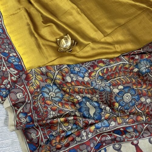 tusser crepe silk saree mustard kalamkari border TB632 hyderabad