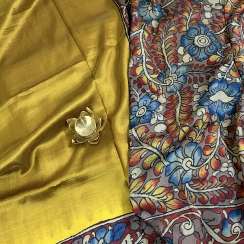 tusser crepe silk saree mustard kalamkari border TB632 hyderabad