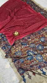 tusser crepe silk saree bandini print kalamkari pallu TB631 hyderabad