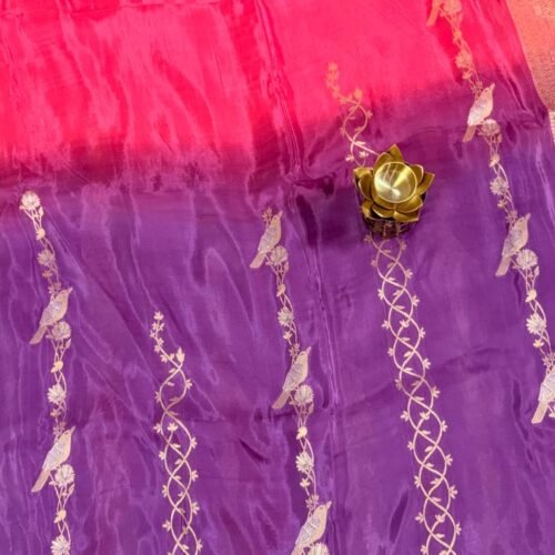 pure ho crepe saree half half pink purple zari bird design HO253 hyderabad