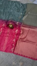 pure ho crepe saree half half pink teal zari bird design HO252 hyderabad