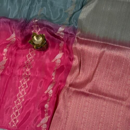 pure ho crepe saree half half pink teal zari bird design HO252 hyderabad