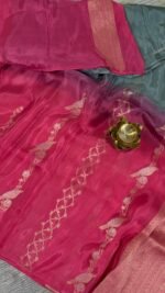 pure ho crepe saree half half pink teal zari bird design HO252 hyderabad