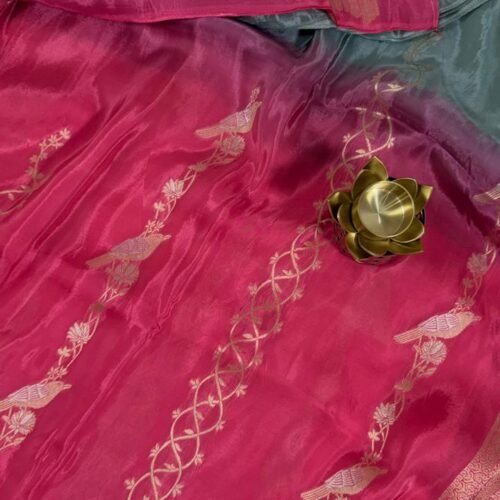 pure ho crepe saree half half pink teal zari bird design HO252 hyderabad