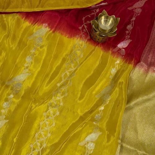 pure ho crepe saree half half red yellow zari bird design HO251 hyderabad