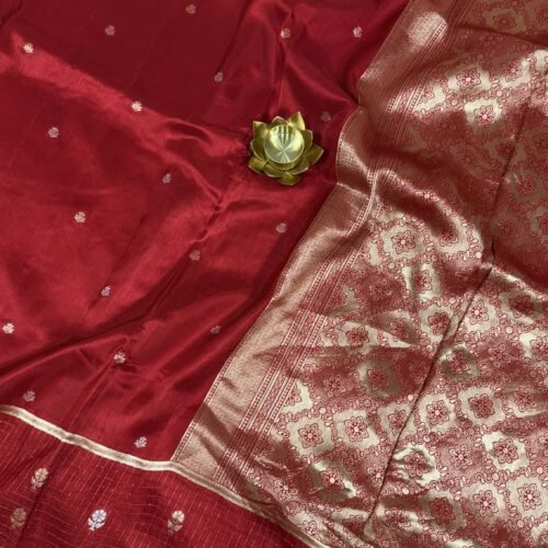 pure russian crepe saree red zari butties checks border RSC250 hyderabad