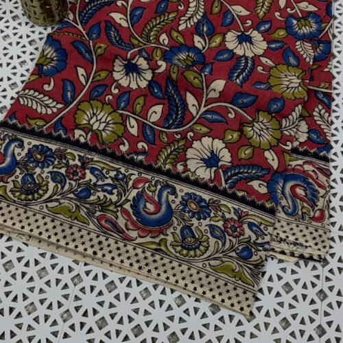 red kalamkari cotton saree peacock border handloom KC35 hyderabad