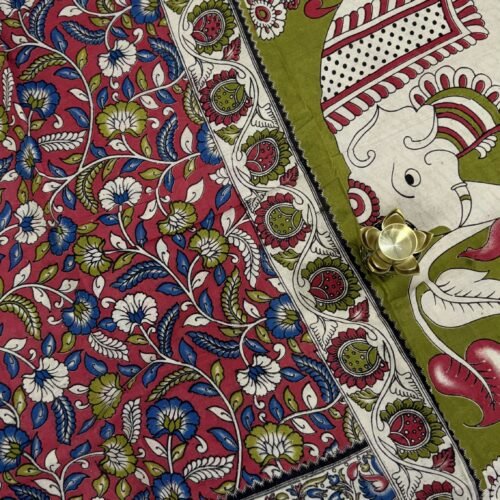 red kalamkari cotton saree peacock border handloom KC35 hyderabad
