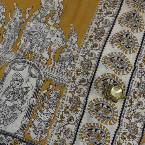 kalamkari cotton saree handloom natural dye mustard cream KC30 hyderabad